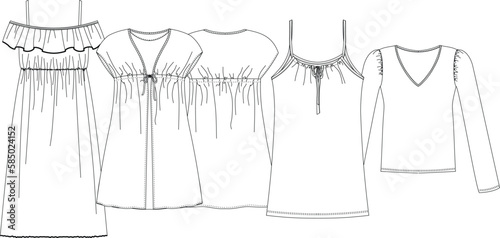 Woman dresses  shirts and tunics technical drawing  template  sketch  flat  mock up. Jersey or woven fabric dress front view  white color
