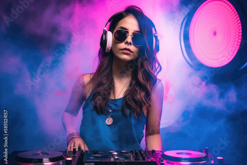 Female brunette latina girl DJ mixing records on a digital turntable to play dance music at a party with retro pink and blue light, stage smoke and copy space, generative ai