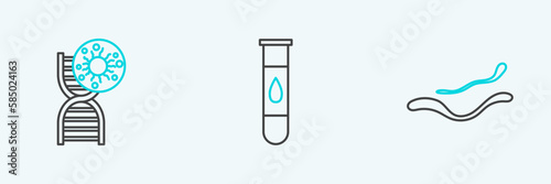 Set line Ebola virus disease, DNA symbol and and Blood test icon. Vector