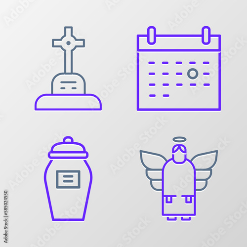 Set line Christmas angel, Funeral urn, Calendar death and Grave with cross icon. Vector