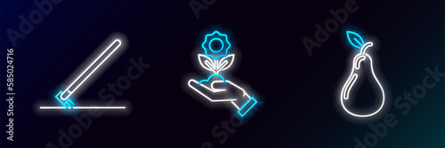 Set line Pear, Garden rake in work and Hand holding flower icon. Glowing neon. Vector