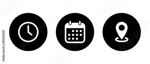 Time, date, and address icon vector isolated on circle background