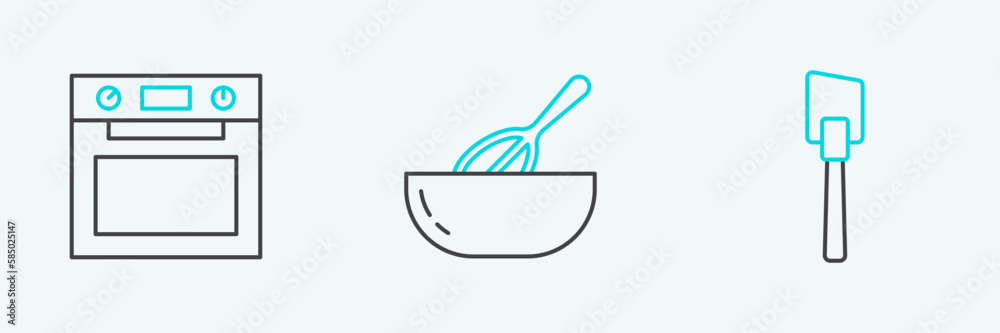 Set line Spatula, Oven and Kitchen whisk and bowl icon. Vector Set line Spatula, Oven and Kitchen whisk and bowl icon. Vector