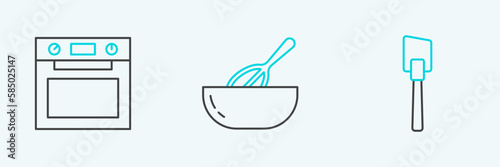 Set line Spatula, Oven and Kitchen whisk and bowl icon. Vector