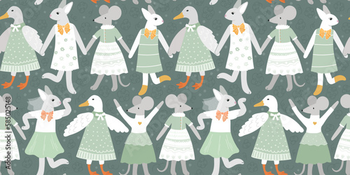 Cute animals dancing pattern. Lovely kids style illustration. Seamless print with forest dance. Mouse, duck and hare. Fairy fauna in nice dresses. Green and orange colors. Vector surface design.