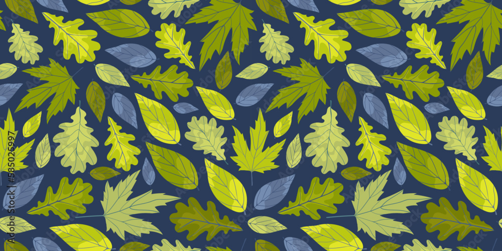 Seamless pattern with green spring leaves. Endless design on dark blue background with fresh leaves different forms. Oak tree, marple and other. Vector art for surface design. Seamless pattern with green spring leaves. Endless design on dark blue background with fresh leaves different forms. Oak tree, marple and other. Vector art for surface design.