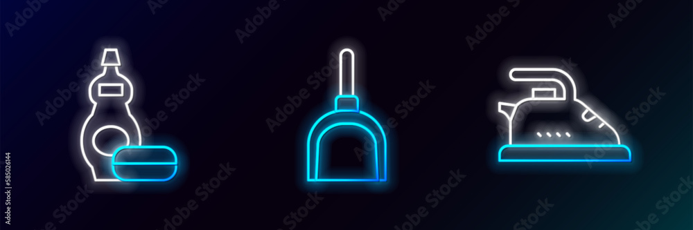 Set line Electric iron, Dishwashing liquid bottle and Dustpan icon. Glowing neon. Vector Set line Electric iron, Dishwashing liquid bottle and Dustpan icon. Glowing neon. Vector