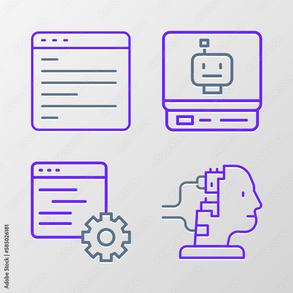 Fototapeta premium Set line Robot for maintenance, Computer api interface, and icon. Vector