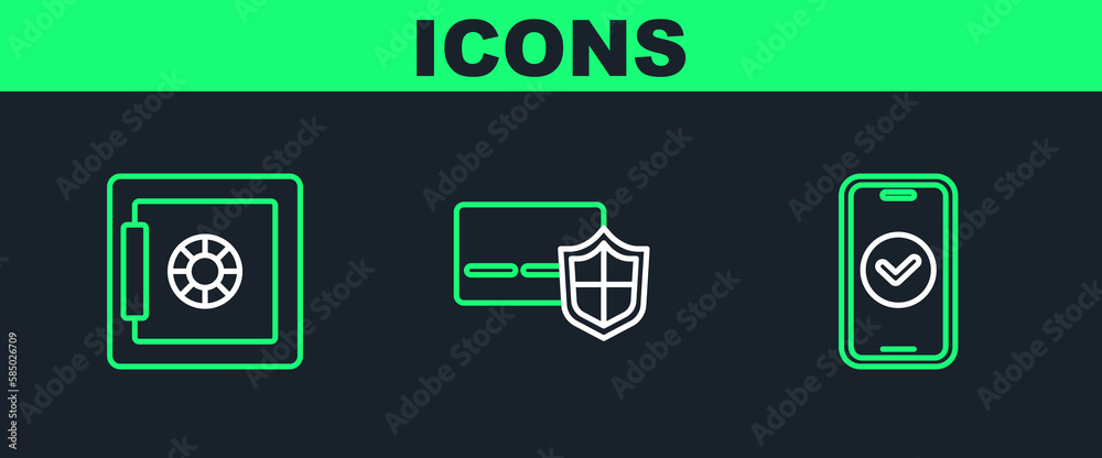 Set line Smartphone, Safe and Credit card with shield icon. Vector Set line Smartphone, Safe and Credit card with shield icon. Vector