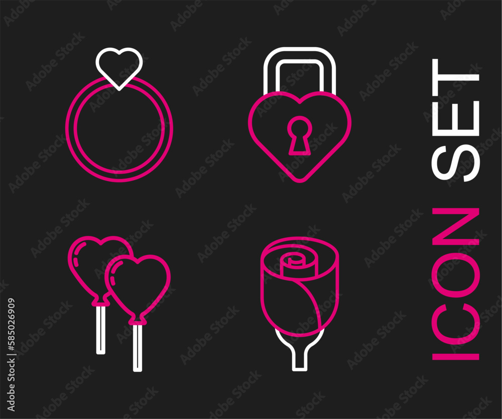 Set line Flower rose, Balloons in form of heart, Castle the shape and Wedding rings icon. Vector Set line Flower rose, Balloons in form of heart, Castle the shape and Wedding rings icon. Vector