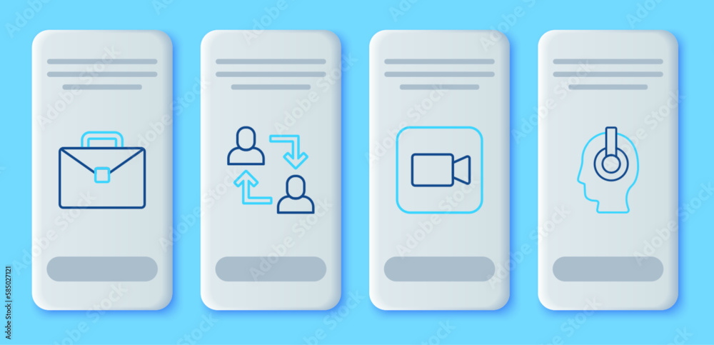 Set line Project team base, Camera, Briefcase and Freelancer icon. Vector