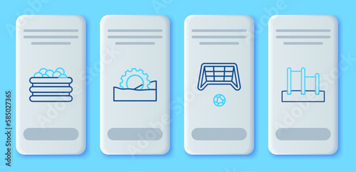Set line Ferris wheel, Soccer goal with ball, Pool balls and Horizontal bar icon. Vector