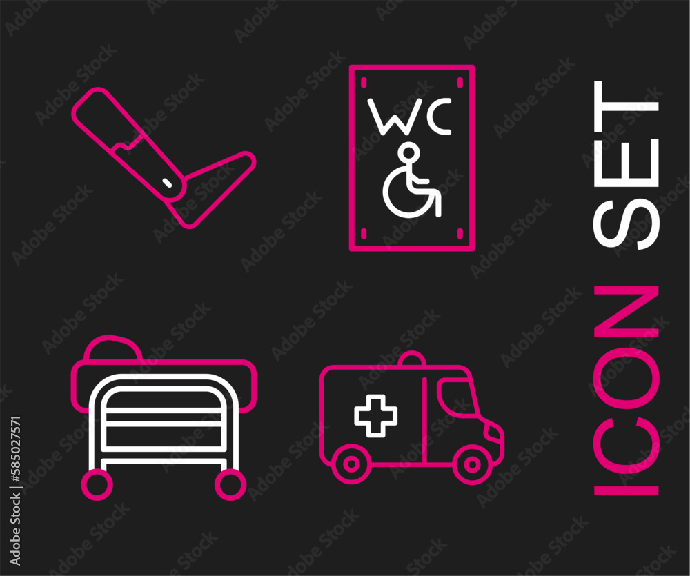 Set line Emergency car, Stretcher, Separated toilet for disabled and Prosthesis leg icon. Vector Set line Emergency car, Stretcher, Separated toilet for disabled and Prosthesis leg icon. Vector