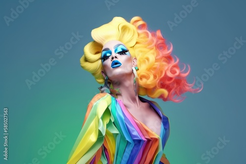 Fictional Drag Queen: Man dressed up as a woman on vibrantly coloured background, performance art, concept for coming out day, lgbt history month, lgbtqa+ history month or pride history month photo