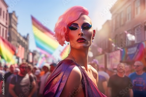 LGBT history month: Gay pride parade, Fictional queer or gender non binary person with pink hair: Man with makeup, drag queen, background with rainbow flag photo