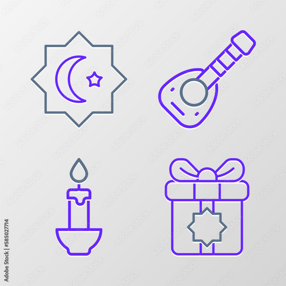 Set line Gift box, Burning candle, Lute and Octagonal star icon. Vector Set line Gift box, Burning candle, Lute and Octagonal star icon. Vector