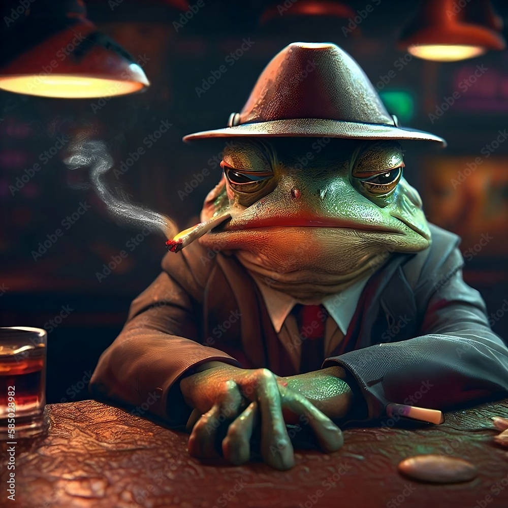 Artistic character concept for a 1940s detective frog smoking a ...