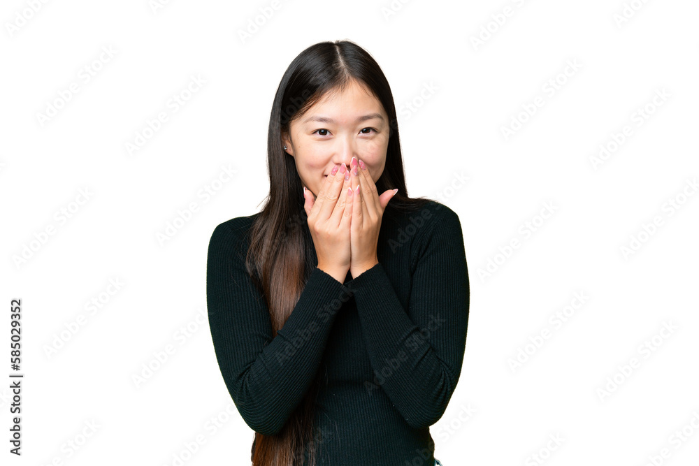 Young Asian woman over isolated chroma key background happy and smiling covering mouth with hands Young Asian woman over isolated chroma key background happy and smiling covering mouth with hands