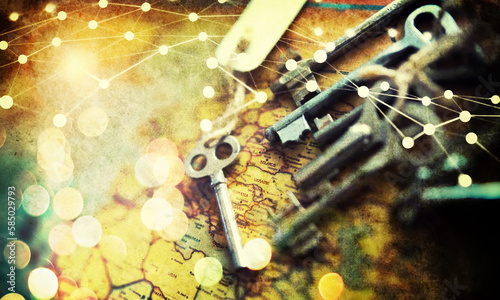 Adventure search retro background.Background with compass, vintage key, vintage tone on ancient world map.