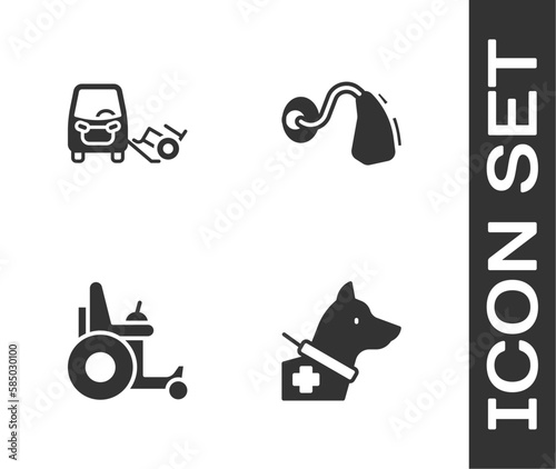 Set Guide dog, Disabled car, Electric wheelchair and Hearing aid icon. Vector