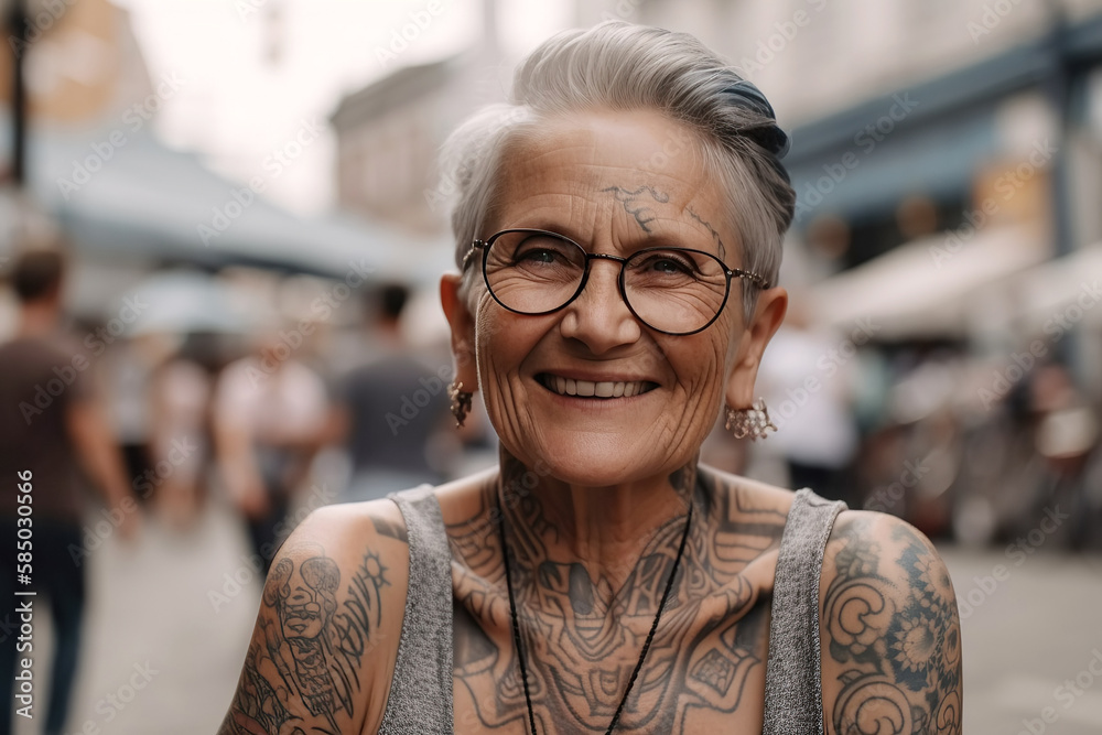 stylish elderly happy woman in tattoos in glasses smiles on the street. Generative AI stylish elderly happy woman in tattoos in glasses smiles on the street. Generative AI