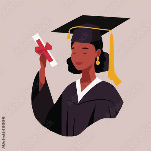 A joyful black graduate celebrates graduation with a diploma and graduate cap on the head. Concept for happy graduation poster or card template design. Flat vector illustration. Generative AI