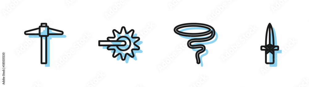 Obraz premium Set line Lasso, Pickaxe, Spur and Dagger icon. Vector