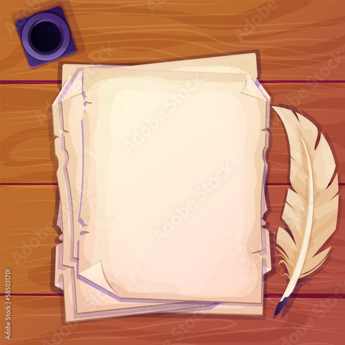 wooden desk, table with parchment paper notes, inkwell and feather pen top view in cartoon style. Antique document, empty pages.