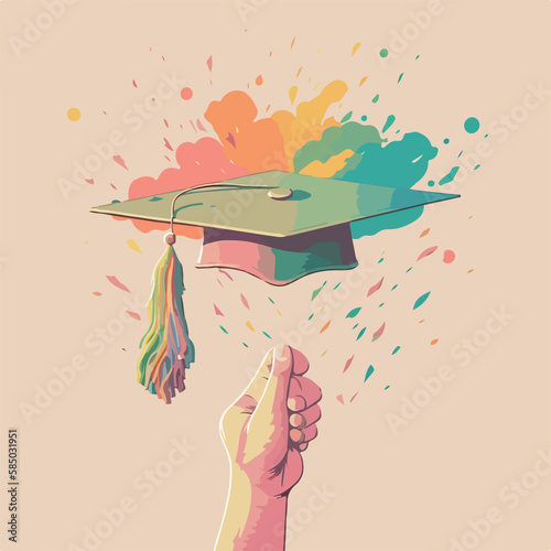 Hand throwing graduate cap in the air. Concept for happy graduation poster or card template design. Flat vector illustration. Generative AI