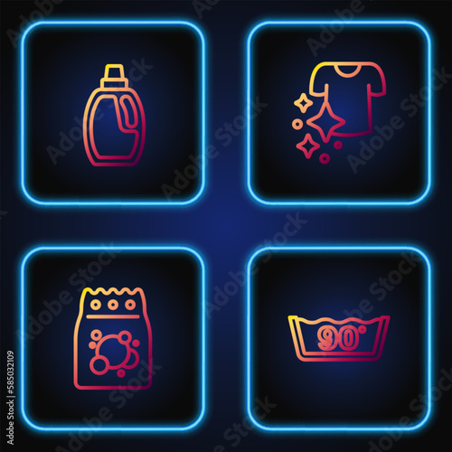 Set line Temperature wash, Laundry detergent, Bottle for cleaning agent and Drying clothes. Gradient color icons. Vector