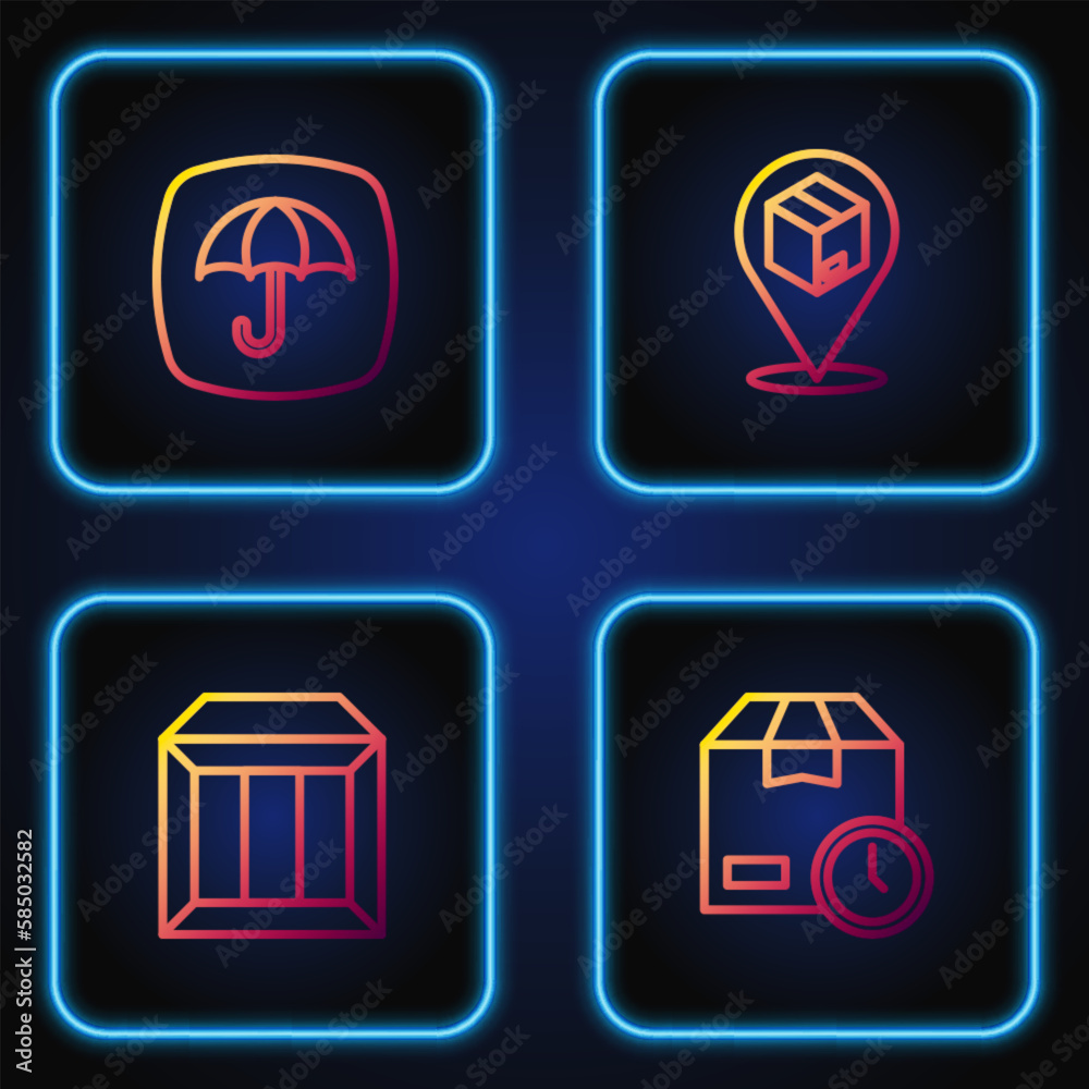 Set line Cardboard box with clock, Carton cardboard, Delivery package umbrella and Location. Gradient color icons. Vector Set line Cardboard box with clock, Carton cardboard, Delivery package umbrella and Location. Gradient color icons. Vector