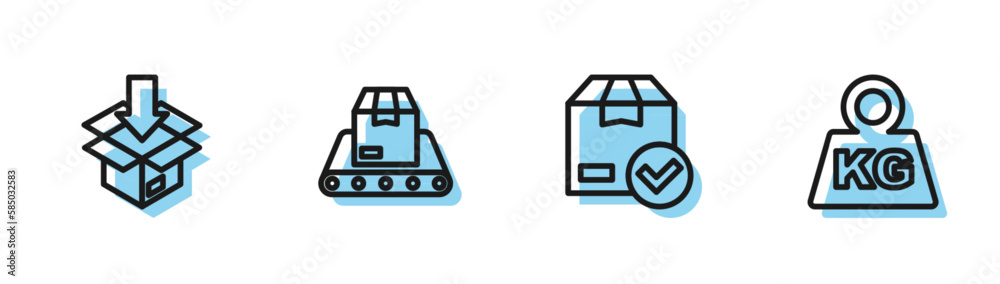 Set line ackage box with check mark, Carton cardboard, Conveyor belt and Weight icon. Vector Set line ackage box with check mark, Carton cardboard, Conveyor belt and Weight icon. Vector