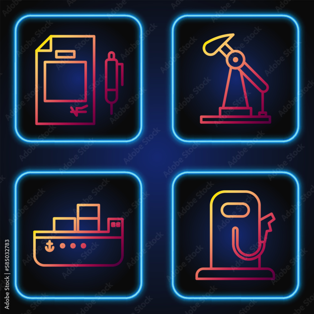 Set line Petrol or gas station, Oil tanker ship, Contract money and pen and Oil pump or pump jack. Gradient color icons. Vector Set line Petrol or gas station, Oil tanker ship, Contract money and pen and Oil pump or pump jack. Gradient color icons. Vector