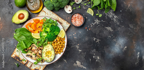 Buddha bowl, Avocado, mushrooms, broccoli, spinach, chickpeas, pumpkin. healthy and balanced food. Long banner format. top view