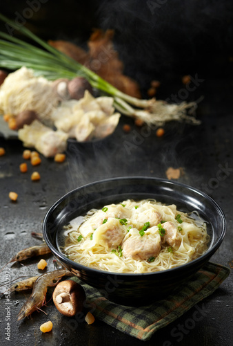 Delicious Chinese food, wanton noodles with fresh shrimp and pork