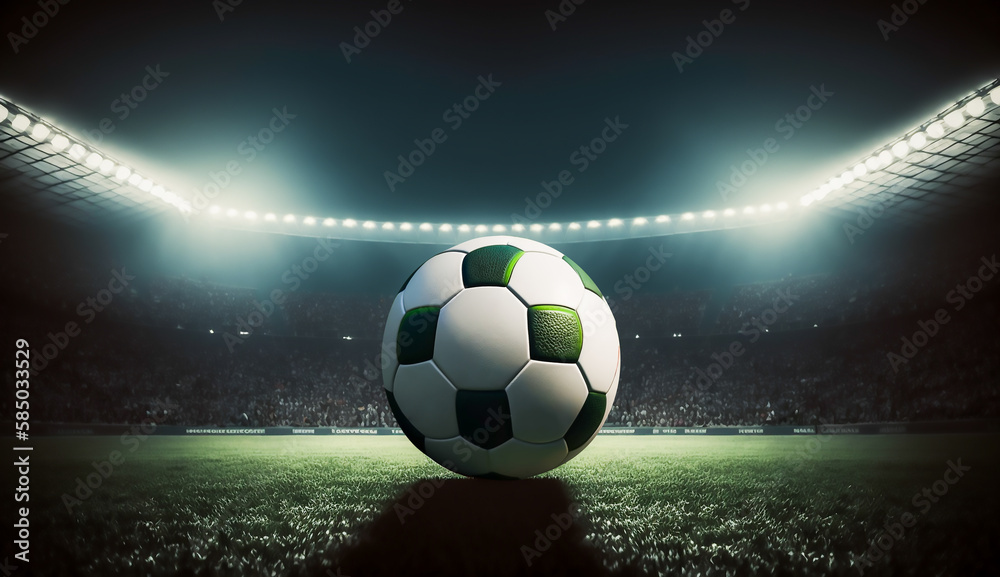 Naklejka premium football in the center of the stadium illuminated by the headlights, soccer sport, generative ai.