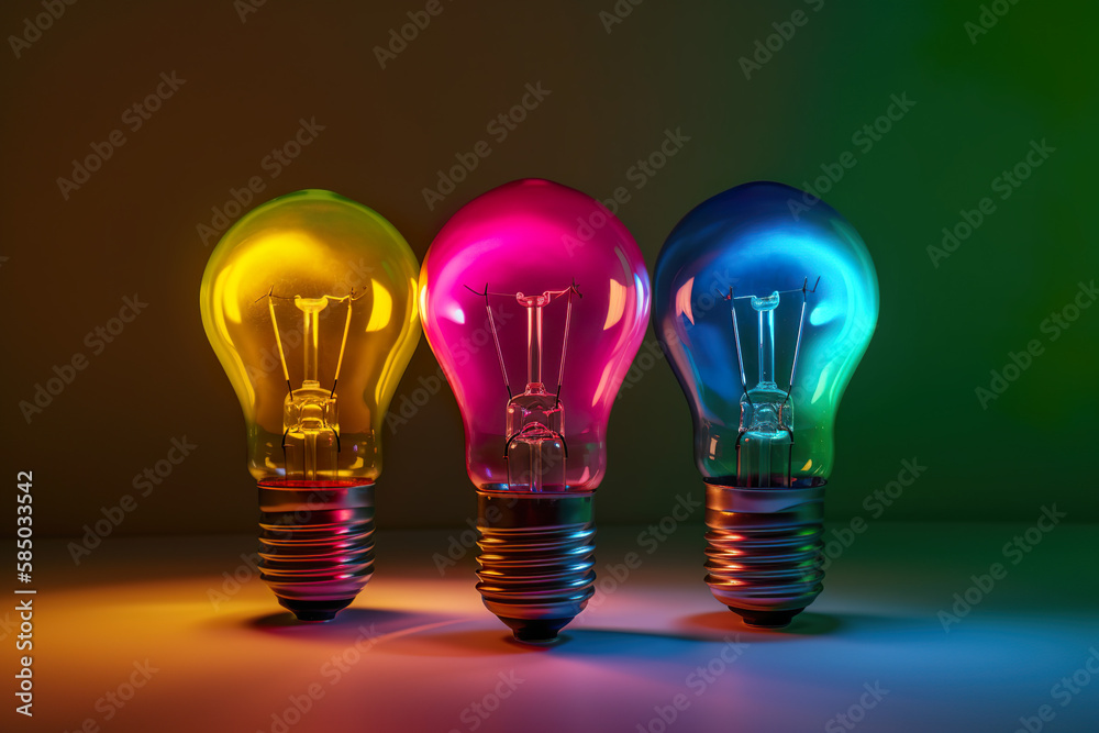 An imaginary concept of a light bulb in several colours and against several coloured backgrounds. Created with the help of artificial intelligence. An imaginary concept of a light bulb in several colours and against several coloured backgrounds. Created with the help of artificial intelligence.