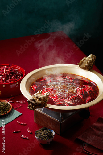 Closeup soup base of spicy hot pot photo
