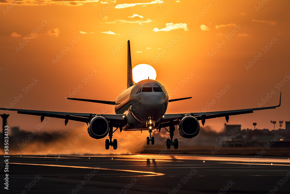 Airplane taking off or landing from the runaway in the sunset . Golden hour photo. Vacation airliner jet angine plane take off. Ai generated Airplane taking off or landing from the runaway in the sunset . Golden hour photo. Vacation airliner jet angine plane take off. Ai generated