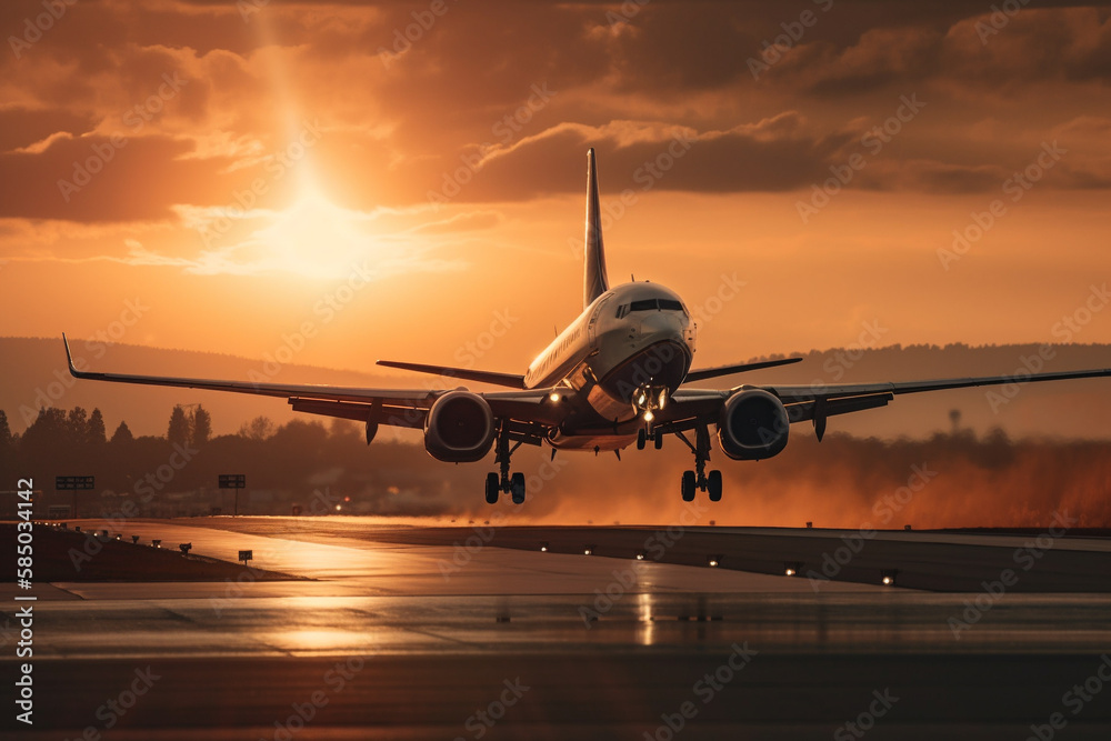 Airplane taking off or landing from the runaway in the sunset . Golden hour photo. Vacation airliner jet angine plane take off. Ai generated - obrazy, fototapety, plakaty 