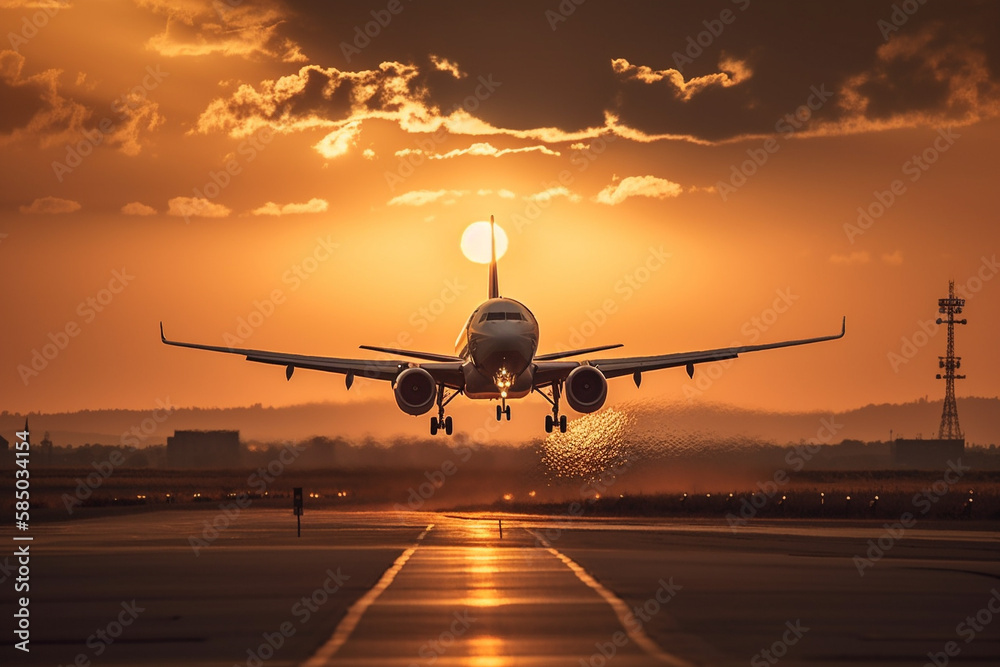 Fototapeta premium Airplane taking off or landing from the runaway in the sunset . Golden hour photo. Vacation airliner jet angine plane take off. Ai generated