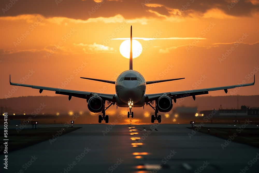 Airplane taking off or landing from the runaway in the sunset . Golden hour photo. Vacation airliner jet angine plane take off. Ai generated - obrazy, fototapety, plakaty 