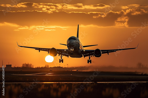 Airplane taking off or landing from the runaway in the sunset . Golden hour photo. Vacation airliner jet angine plane take off. Ai generated