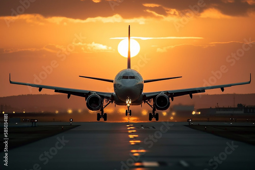 Airplane taking off or landing from the runaway in the sunset . Golden hour photo. Vacation airliner jet angine plane take off. Ai generated