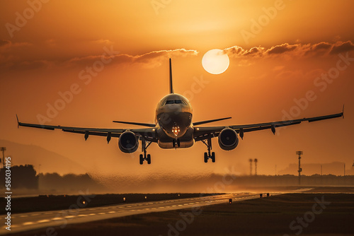Airplane taking off or landing from the runaway in the sunset . Golden hour photo. Vacation airliner jet angine plane take off. Ai generated © dragomirescu