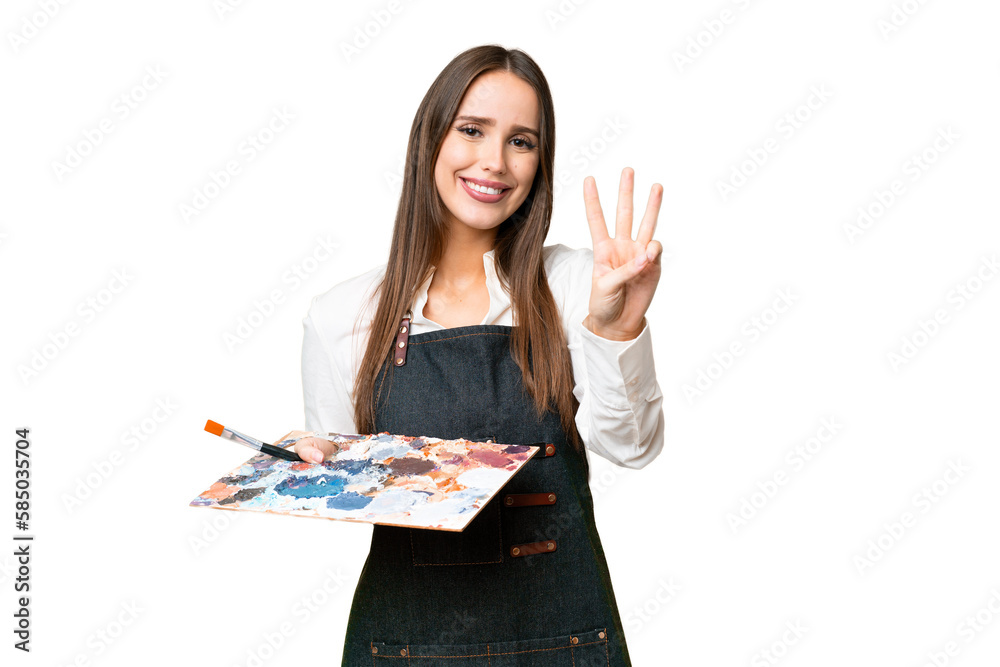 Young artist woman holding a palette over isolated chroma key background happy and counting three with fingers Young artist woman holding a palette over isolated chroma key background happy and counting three with fingers
