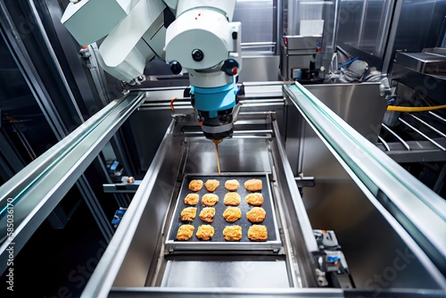 food factory, with robotic arms preparing meals in a sterile environment, created with generative ai