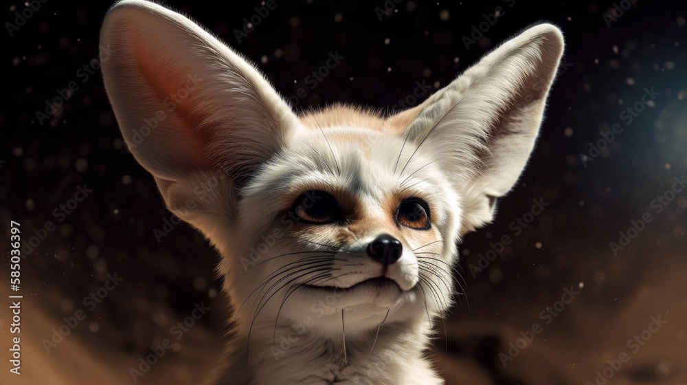 A celestial fennec fox, its ears like cosmic radar dishes, listening intently in a star-speckled desert landscape (created with generative ai)