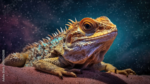 A vibrant  cosmic bearded dragon  its scales reflecting the colors of the cosmos  resting on a celestial sand dune  created with generative ai 