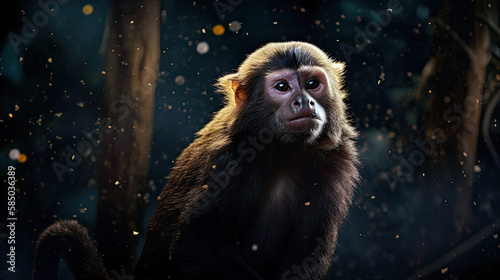 A celestial capuchin monkey  its fur flecked with glowing star clusters  swinging playfully through an interstellar jungle  created with generative ai 